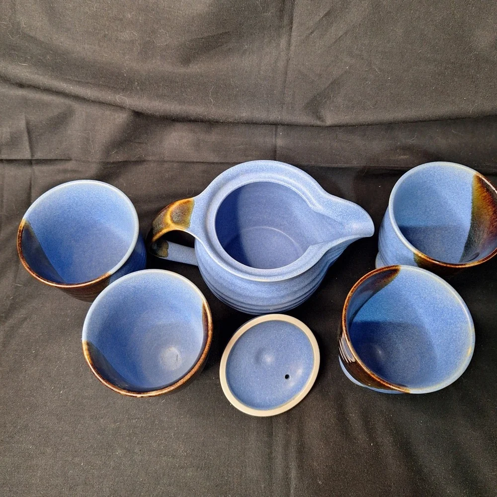 Andrea by Sadek Chopsticks Blue Ceramic Tea Set Teapot 4 Cups‎ Made in Japan